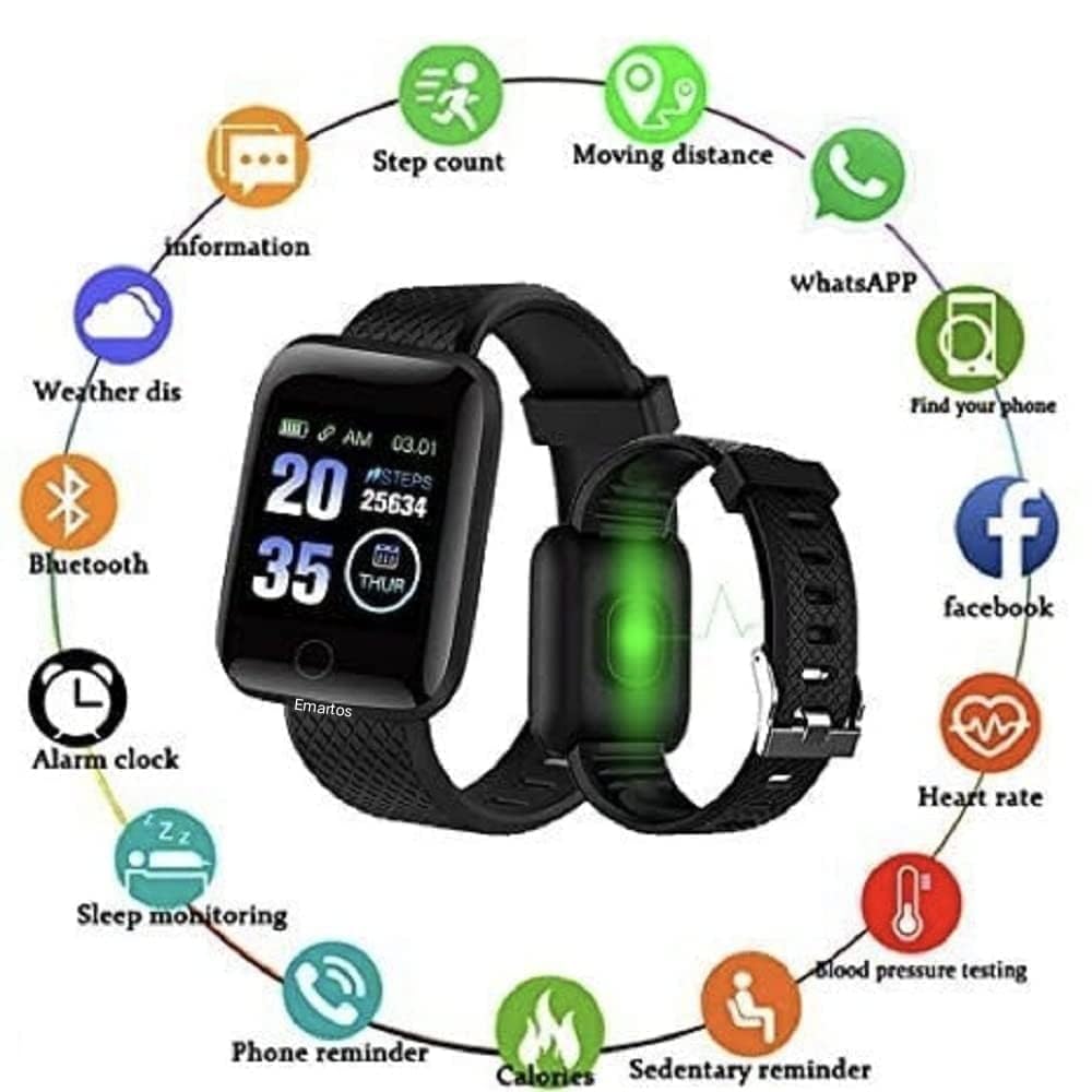 Evorace Bluetooth Smartwatch D116 Fitness Tracker with Heart Rate, BP, Sleep & Step Monitor - Black