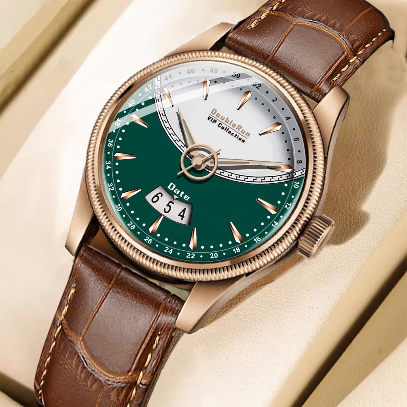 3TimeX 3D Glass Date Display Dial Leather Belt Analog Watch