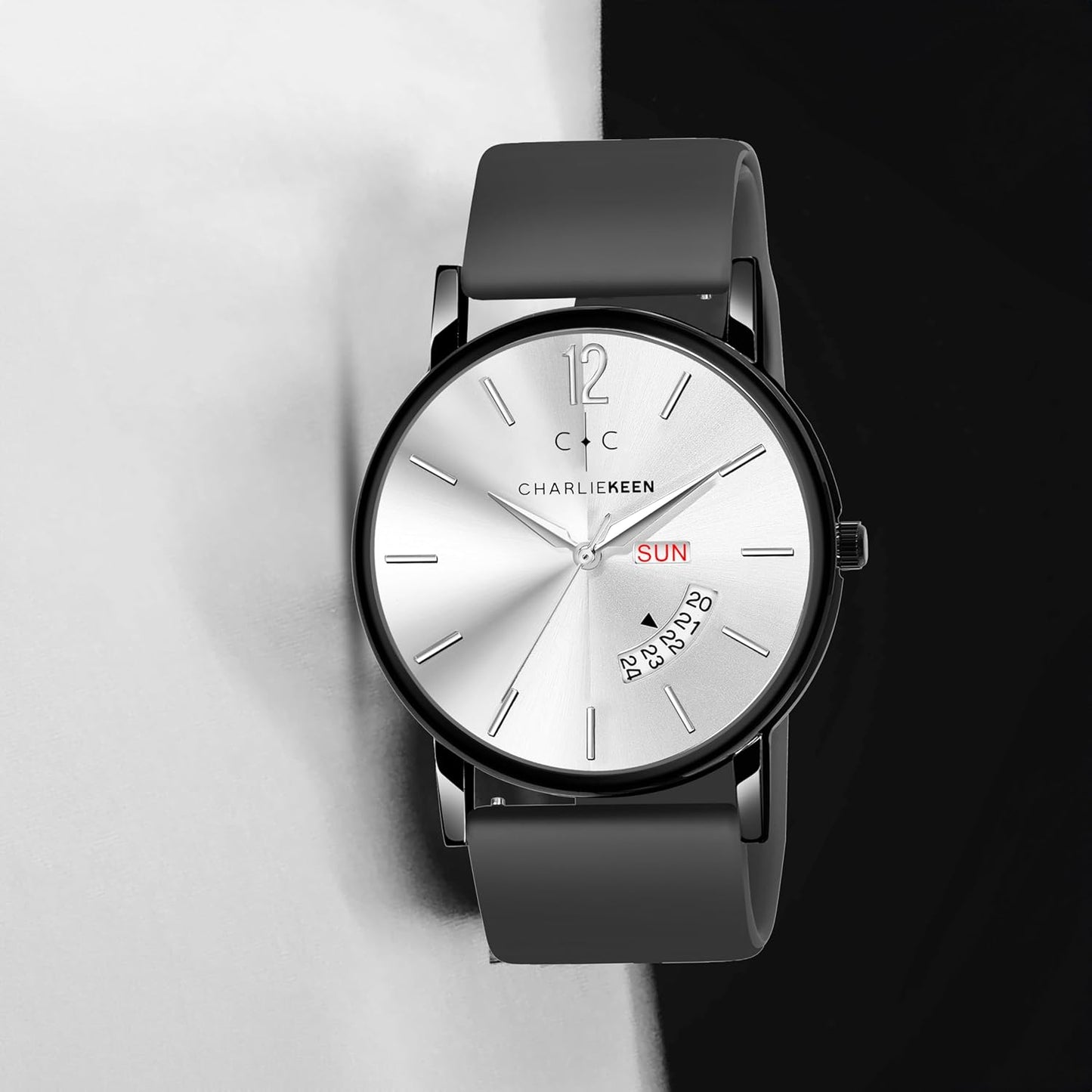 ChronoCraft Wrist Watch, Analogue, Day & Date Display, Black Silicone Strap for Men